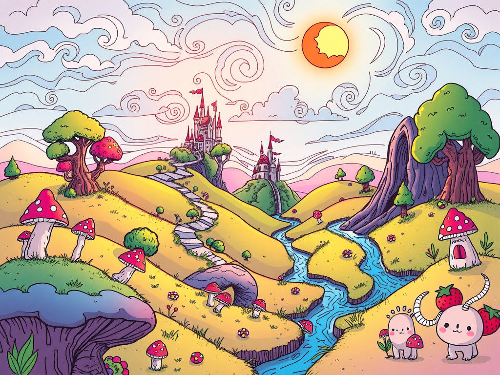 Whimsical Doodle-Style Fantasy Landscape