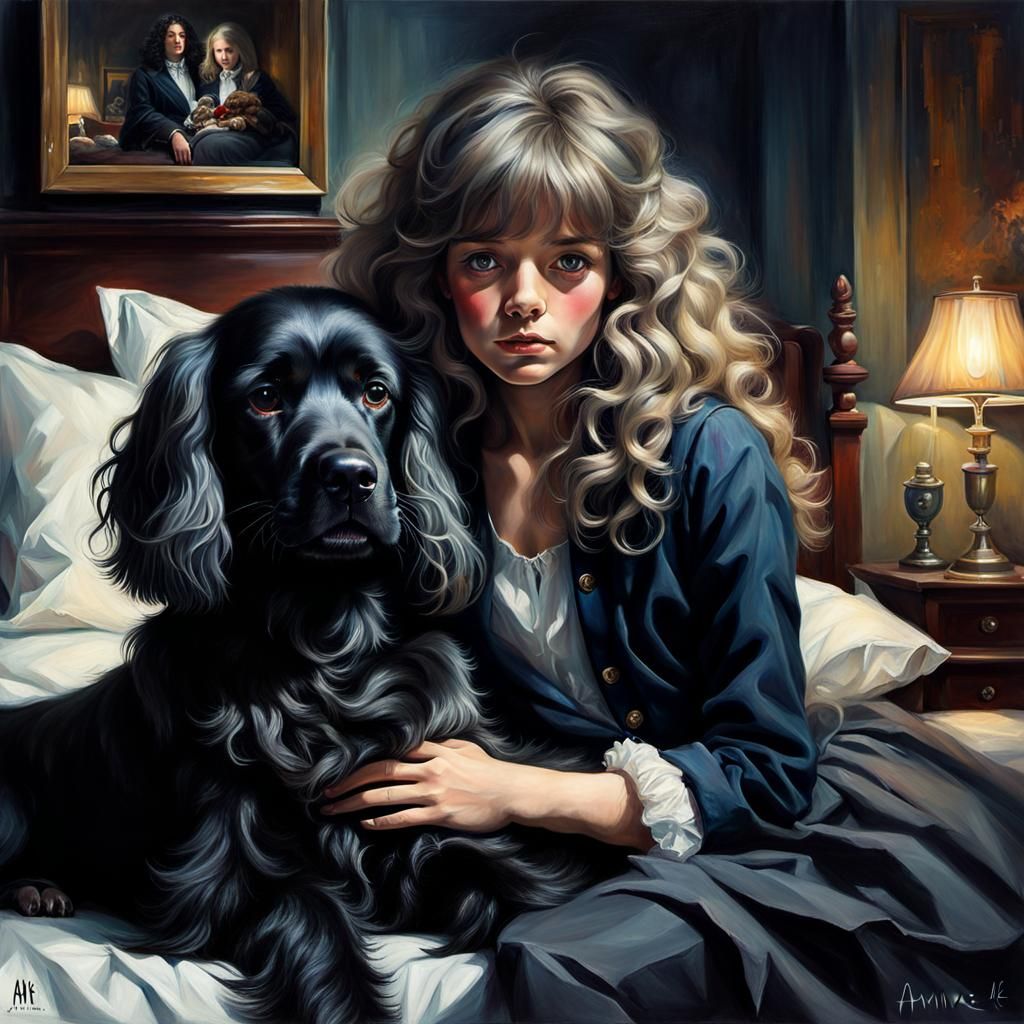 a girl with tumbled hair sitting on a bed Hug tide a black c...