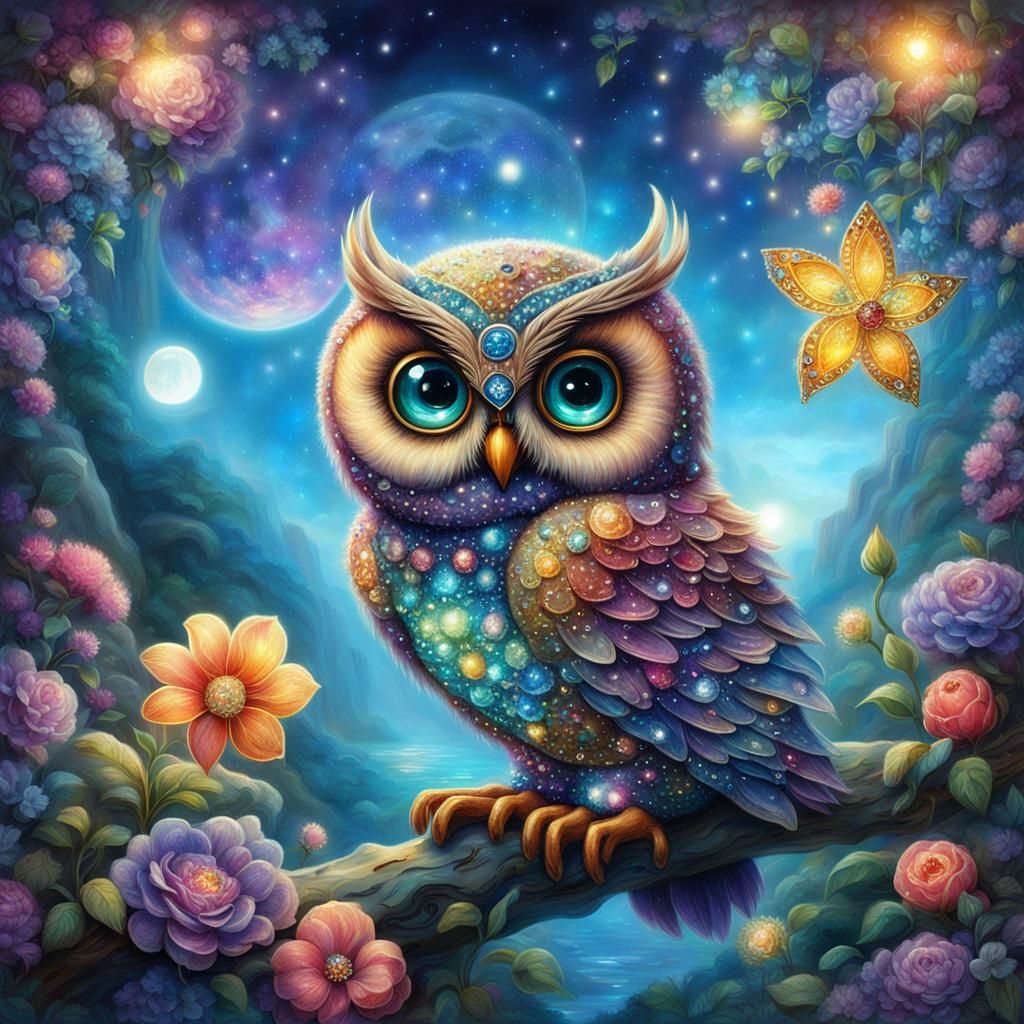 Mystical Bejeweled Owl in Ethereal Fantasy Style