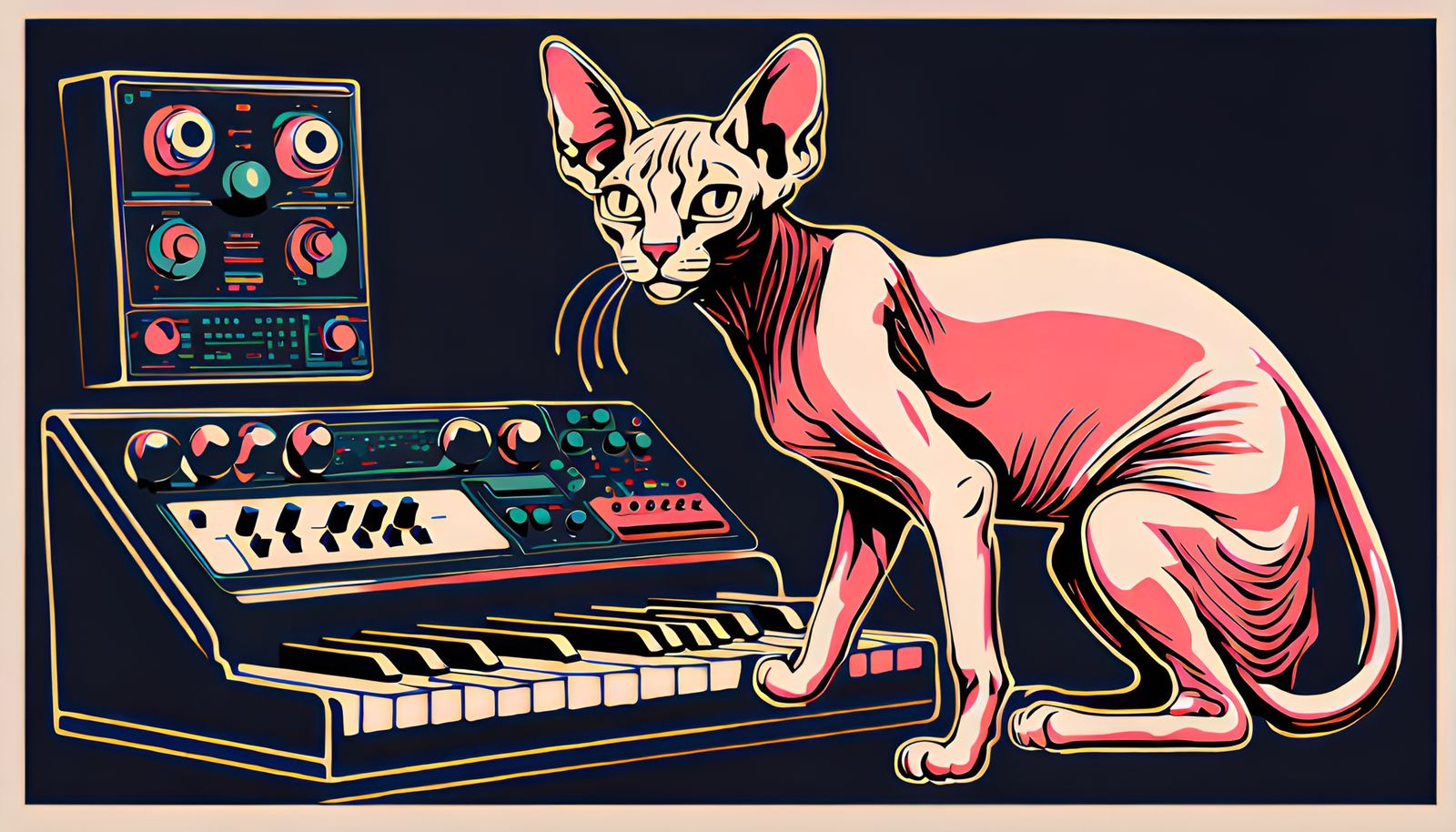 Retro Soviet Poster: Sphynx Cat Synth Player