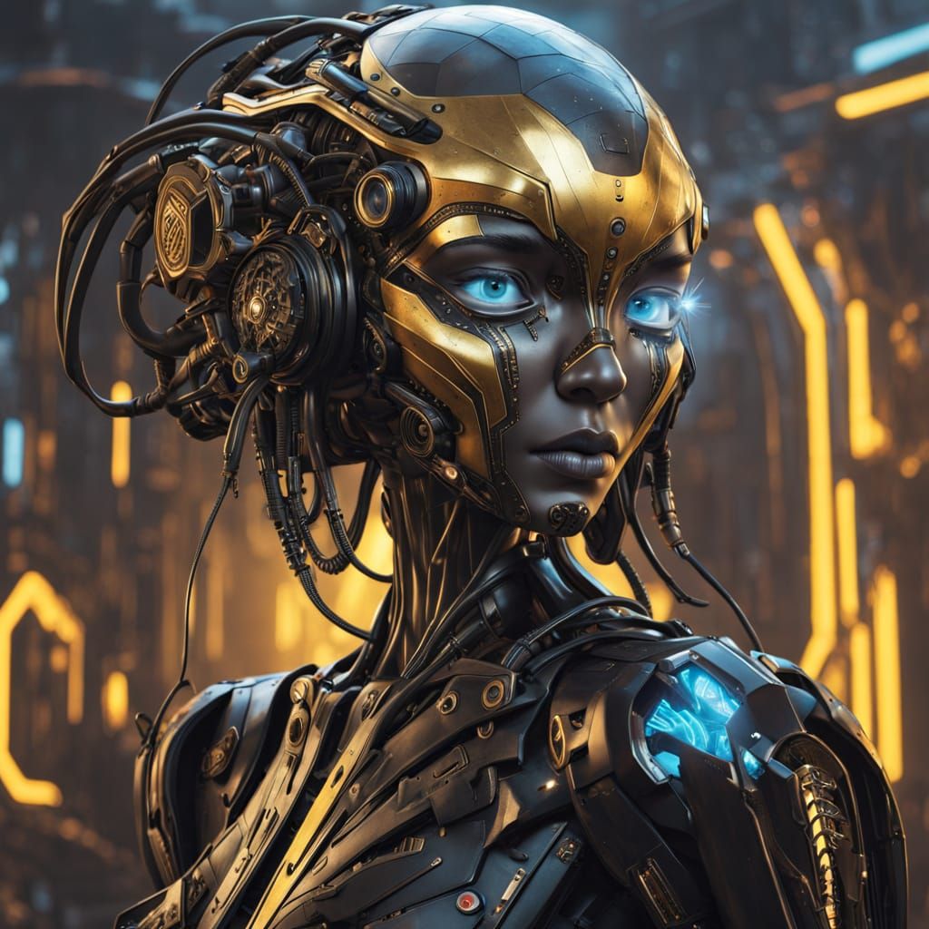 Futuristic Robotic Figure in Gold and Matte Black