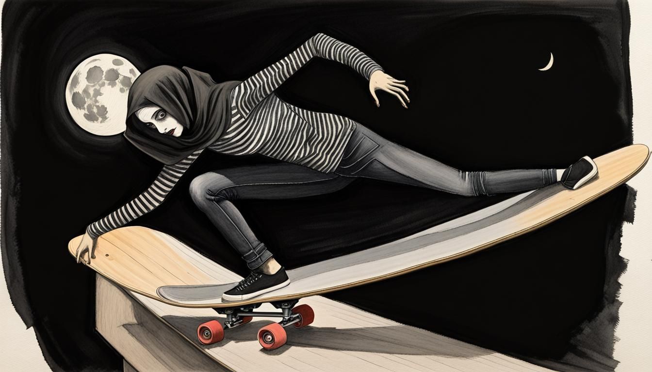 Vampire Skateboarder Under Moonlight in Watercolor Style