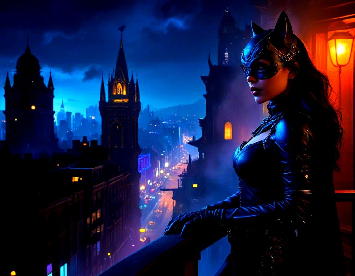 Gothic Steampunk Catwoman Overlooking Neon City