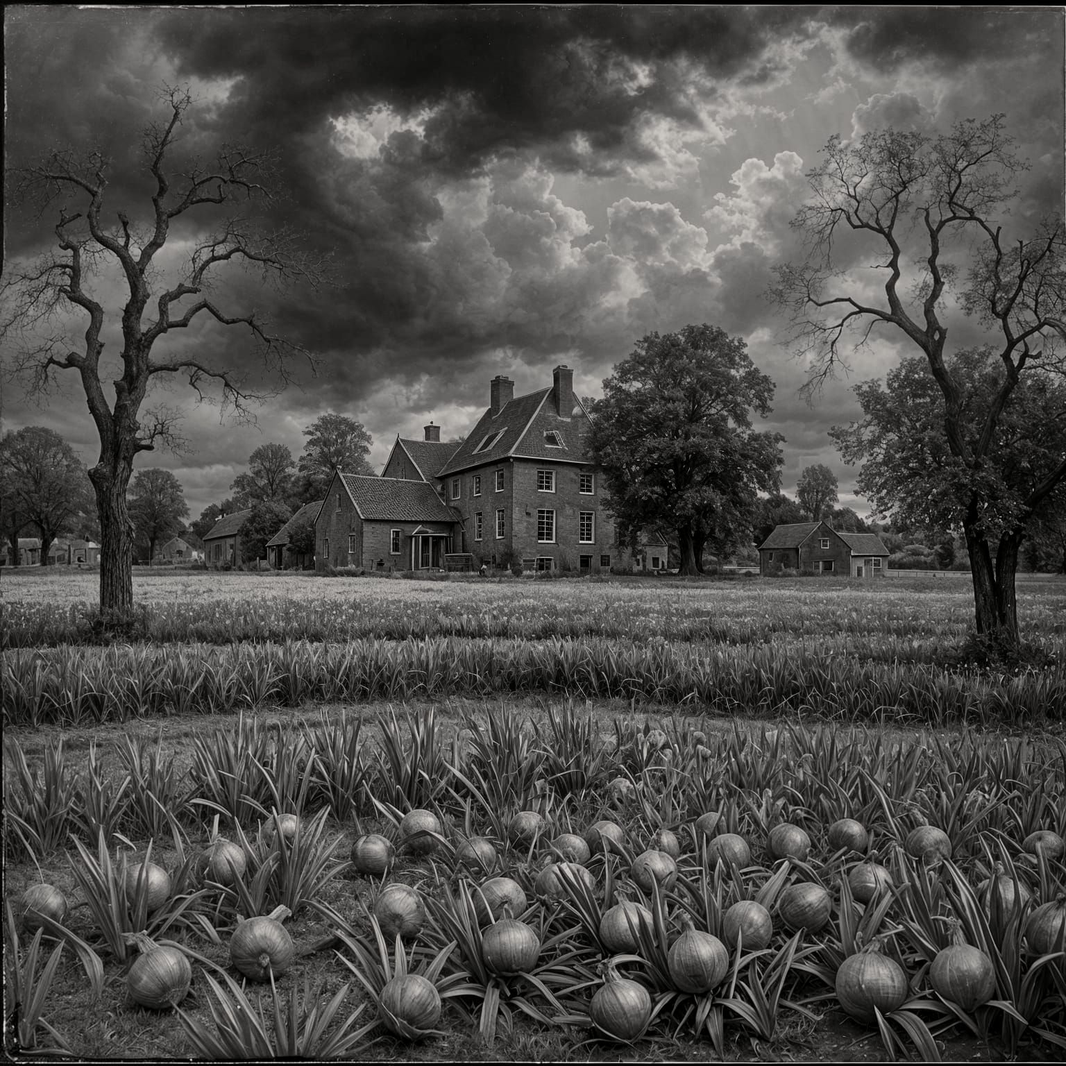 Dutch Farmhouse Onion Field Under Stormy Sky