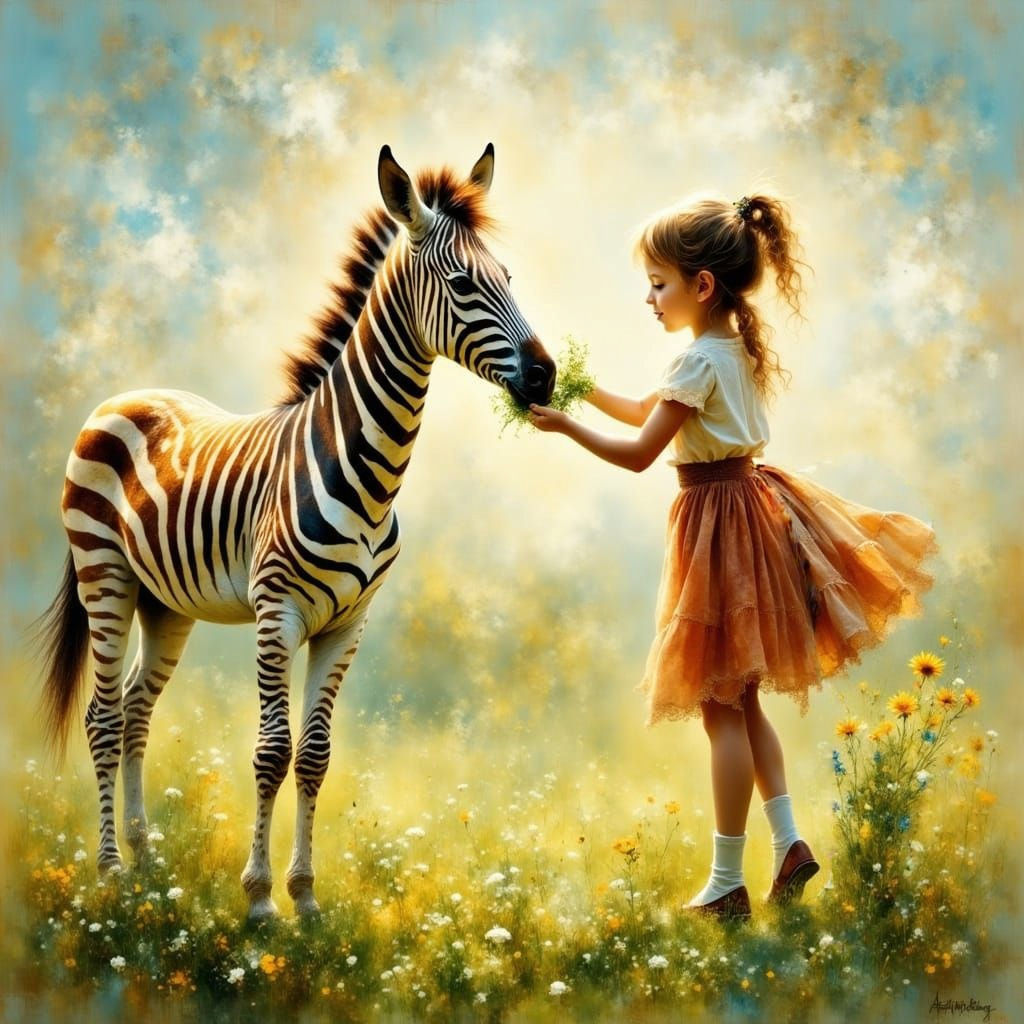 Girl Feeds Zebra Colt in Green Pasture