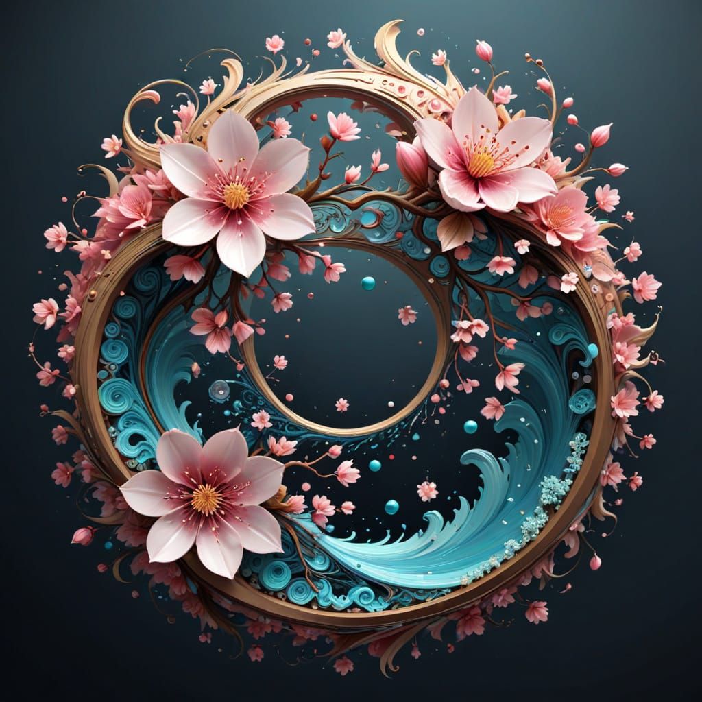 Cherry Blossom Yin Yang Symbol with Waterfalls