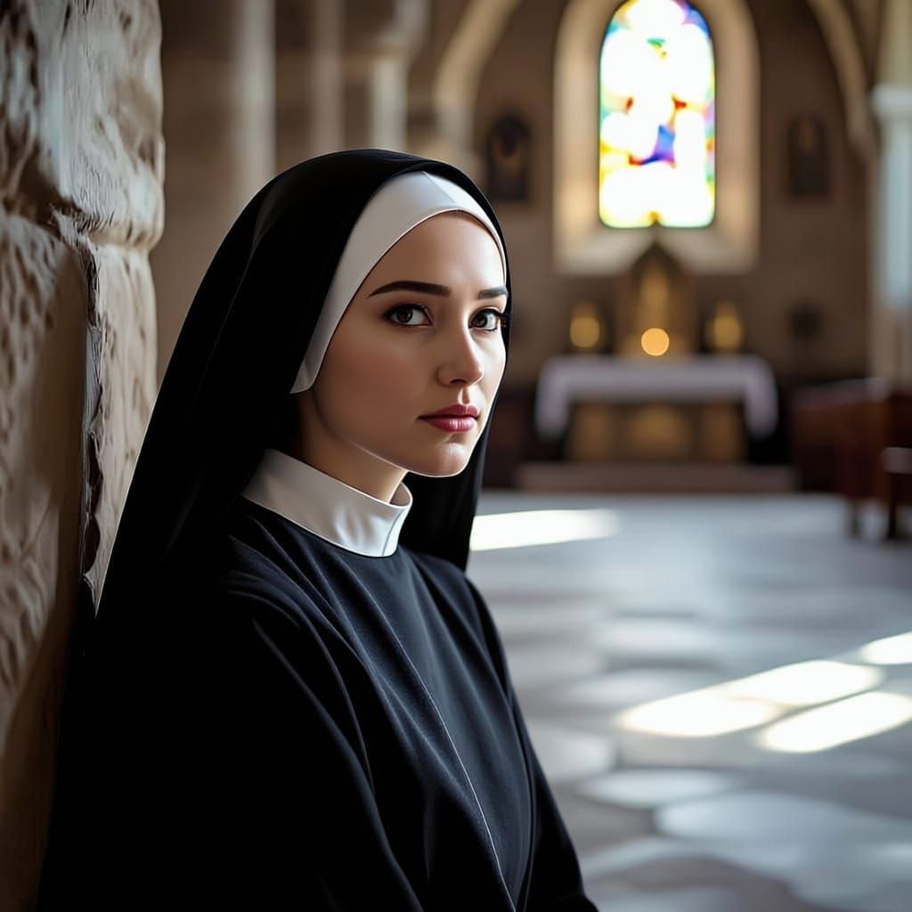 Young Nun's Alluring Gaze in Ethereal Church Portrait