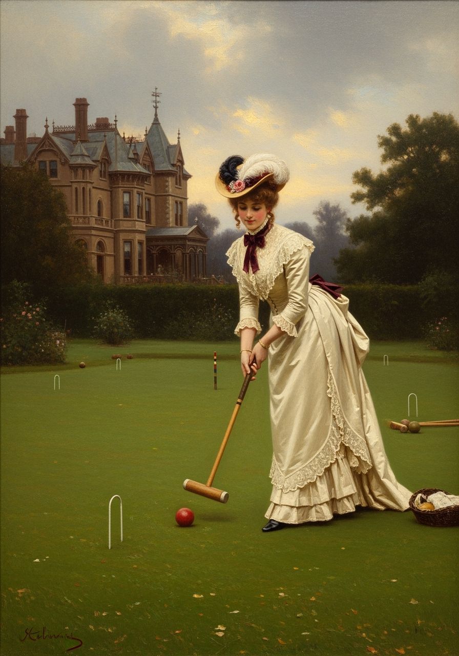Victorian Woman Playing Croquet at Mansion, Oil Painting