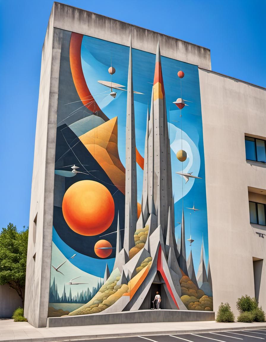 Colorful Art Deco Mural on Concrete Wall