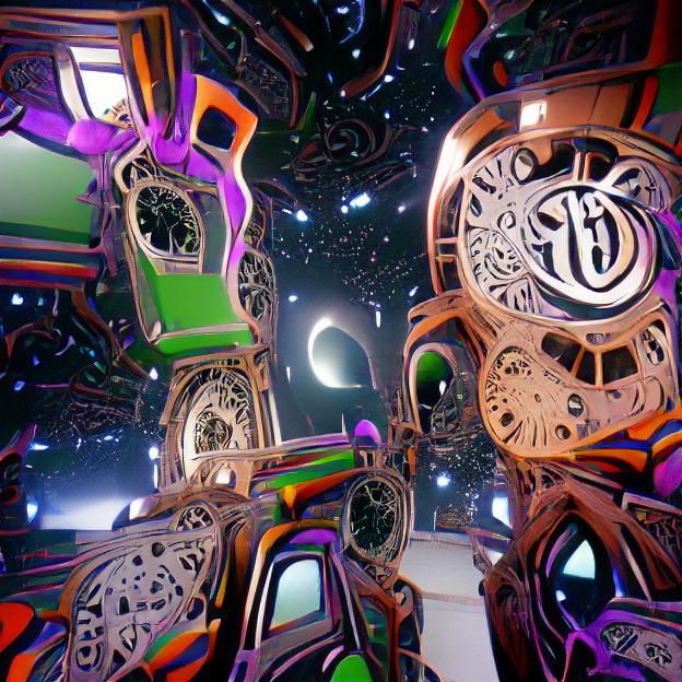 Grandfather Clocks Trapped in Psychedelic Space Vortex