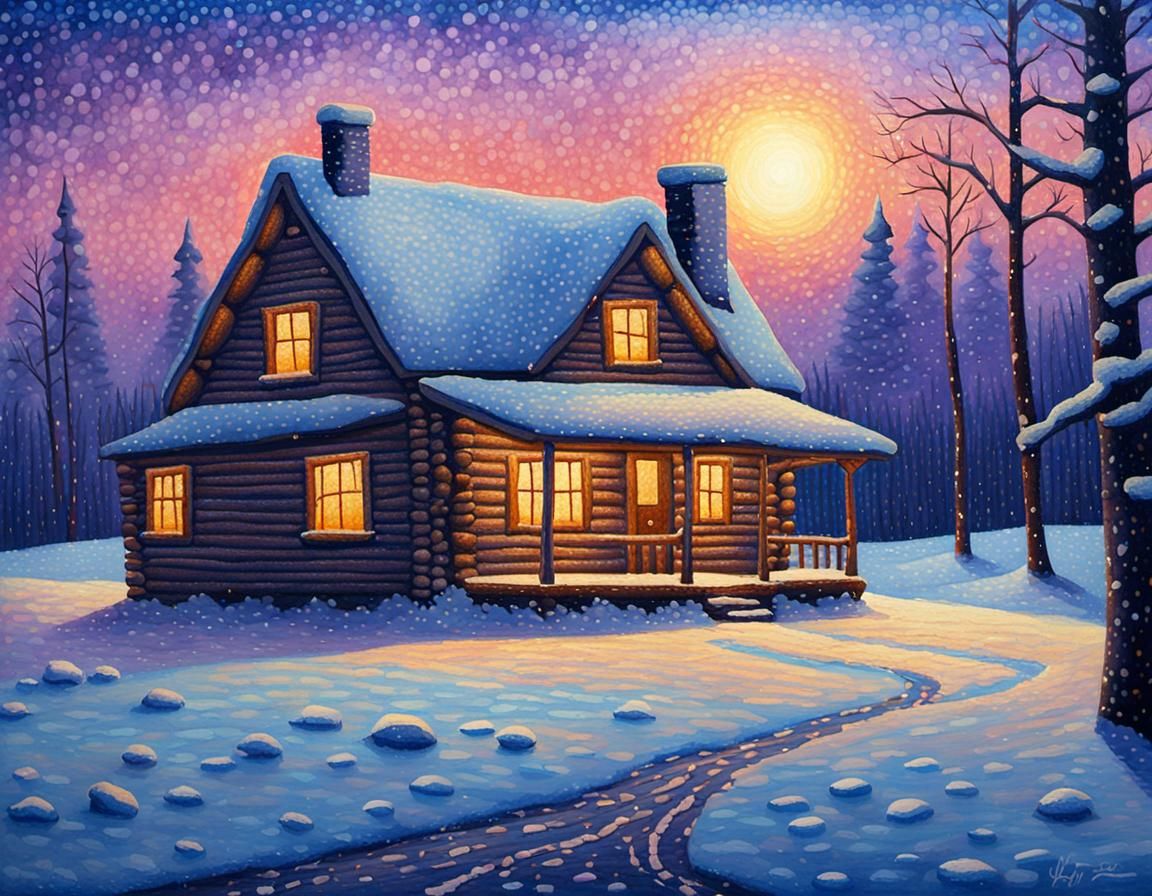 Winter Cabin in Pointillism Style on Snowy Road