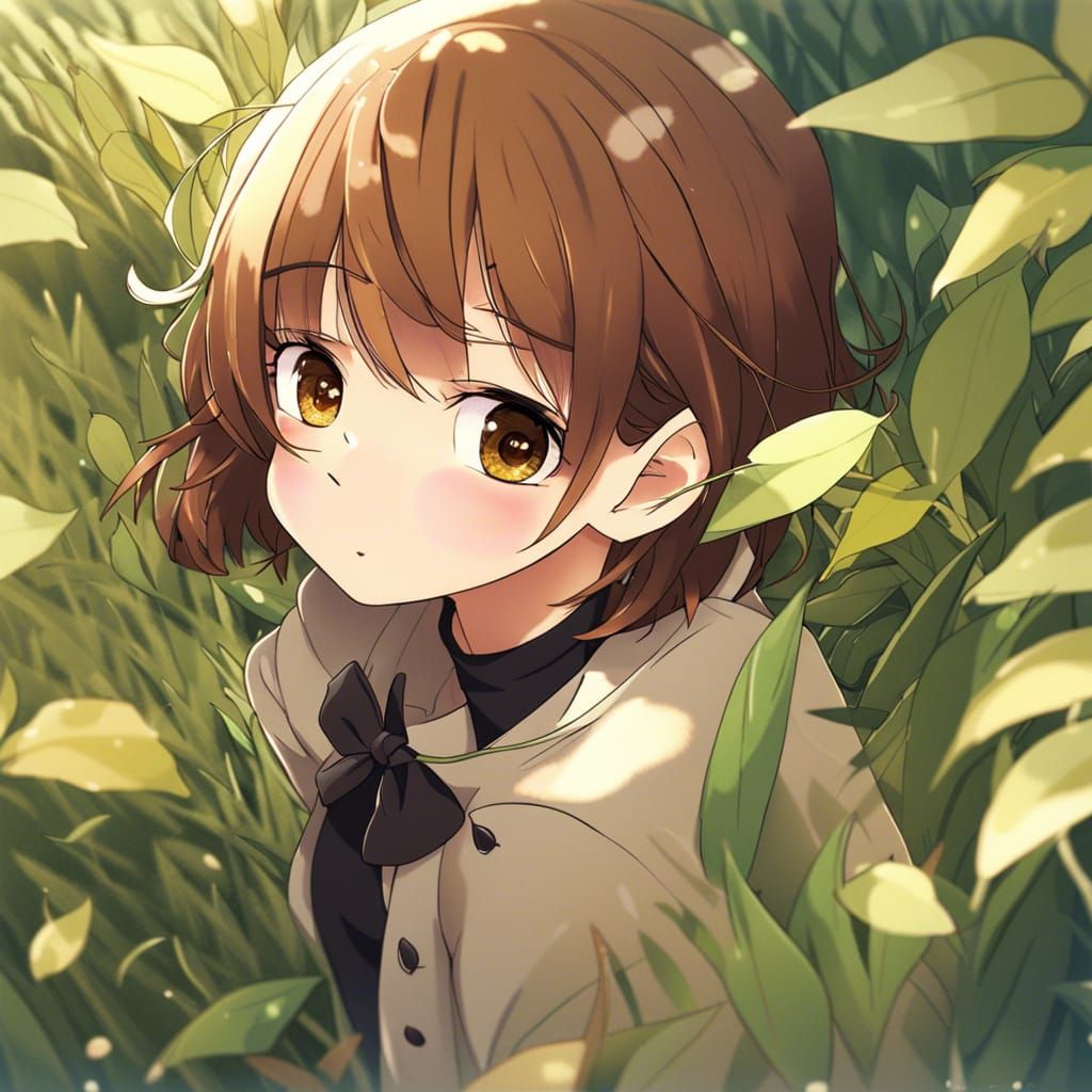 Girl in Field of Leaves: Anime-Inspired Art