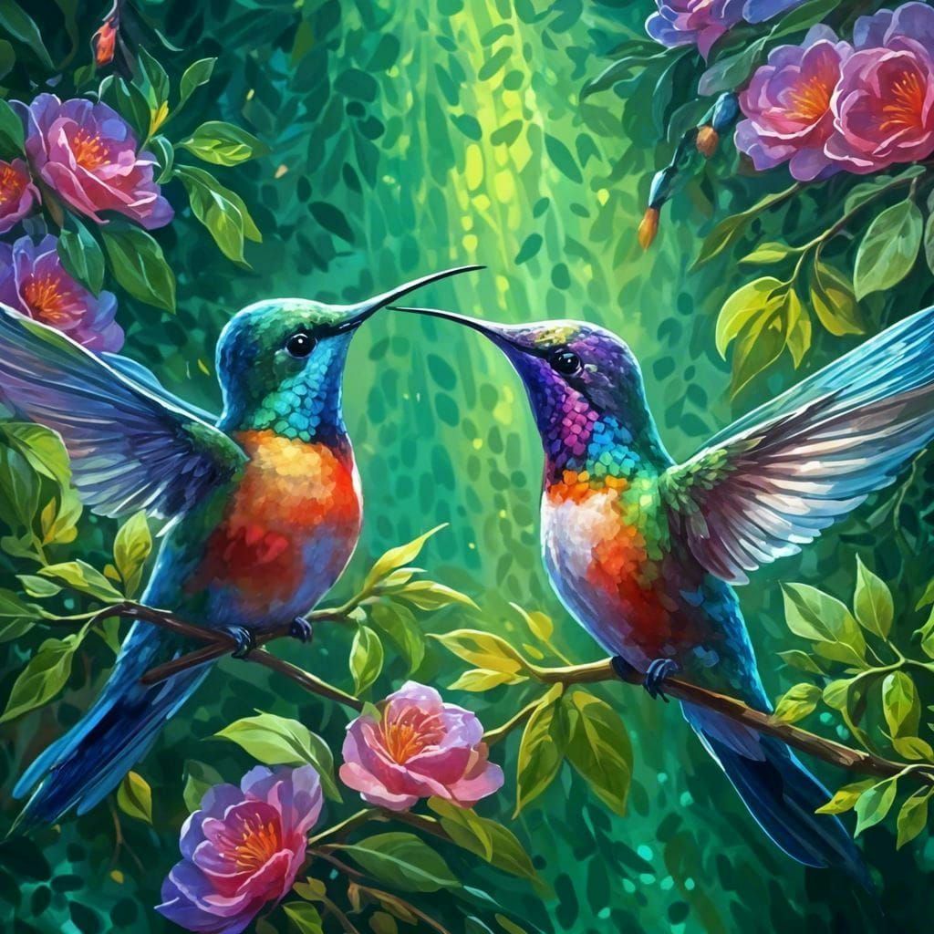 Symmetrical Hummingbirds Rubbing Beaks