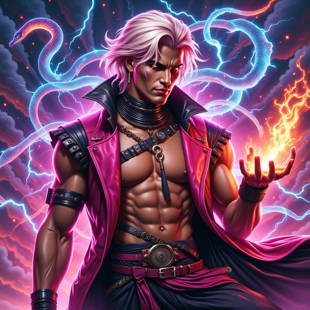 Glam Sorcerer with Serpent Clouds in Comic Style