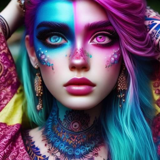 Woman with Pink, Blue, and Purple Hair, Henna Tattoos