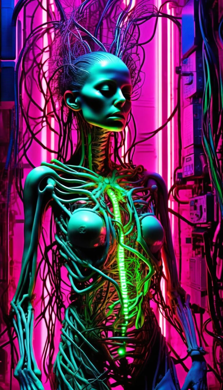 Biopunk Woman: Flesh Mutations and Neon Heart