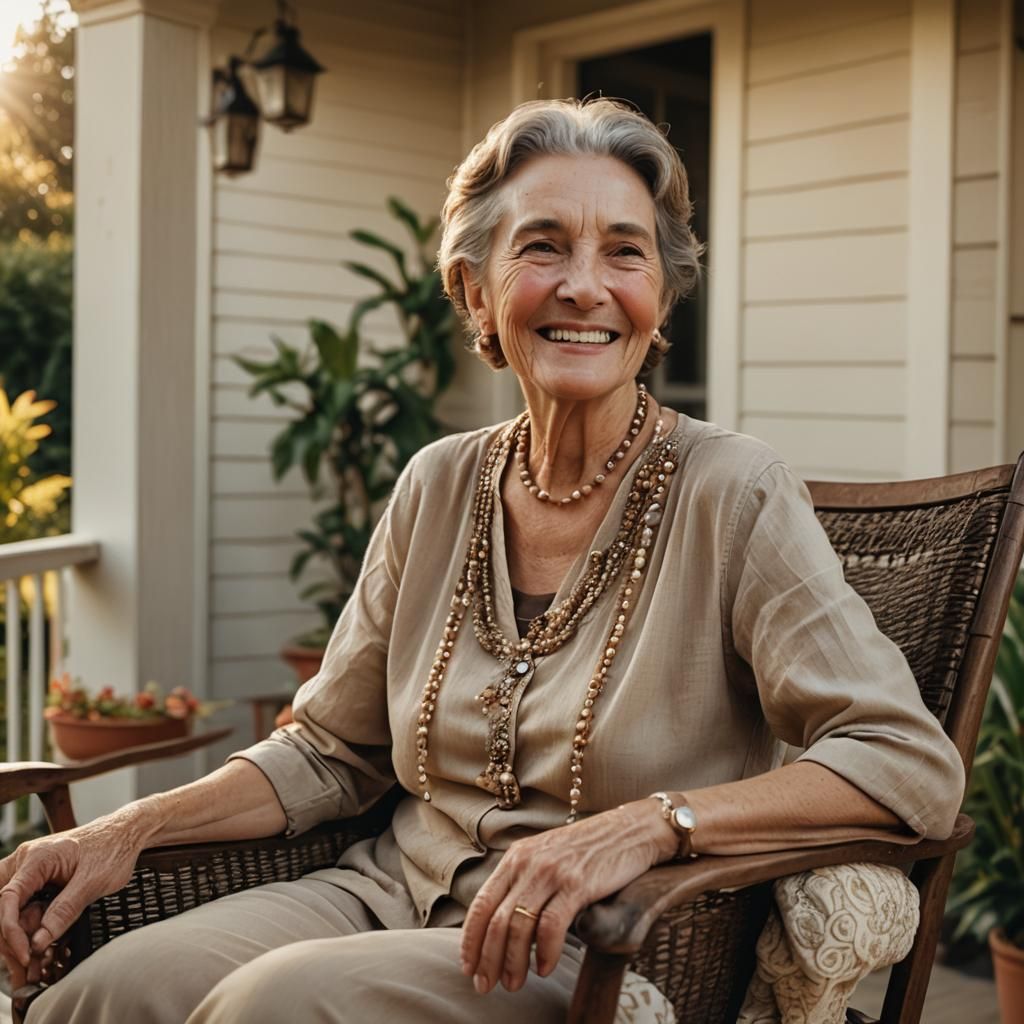 Smiling Woman on Veranda in Golden Hour Light