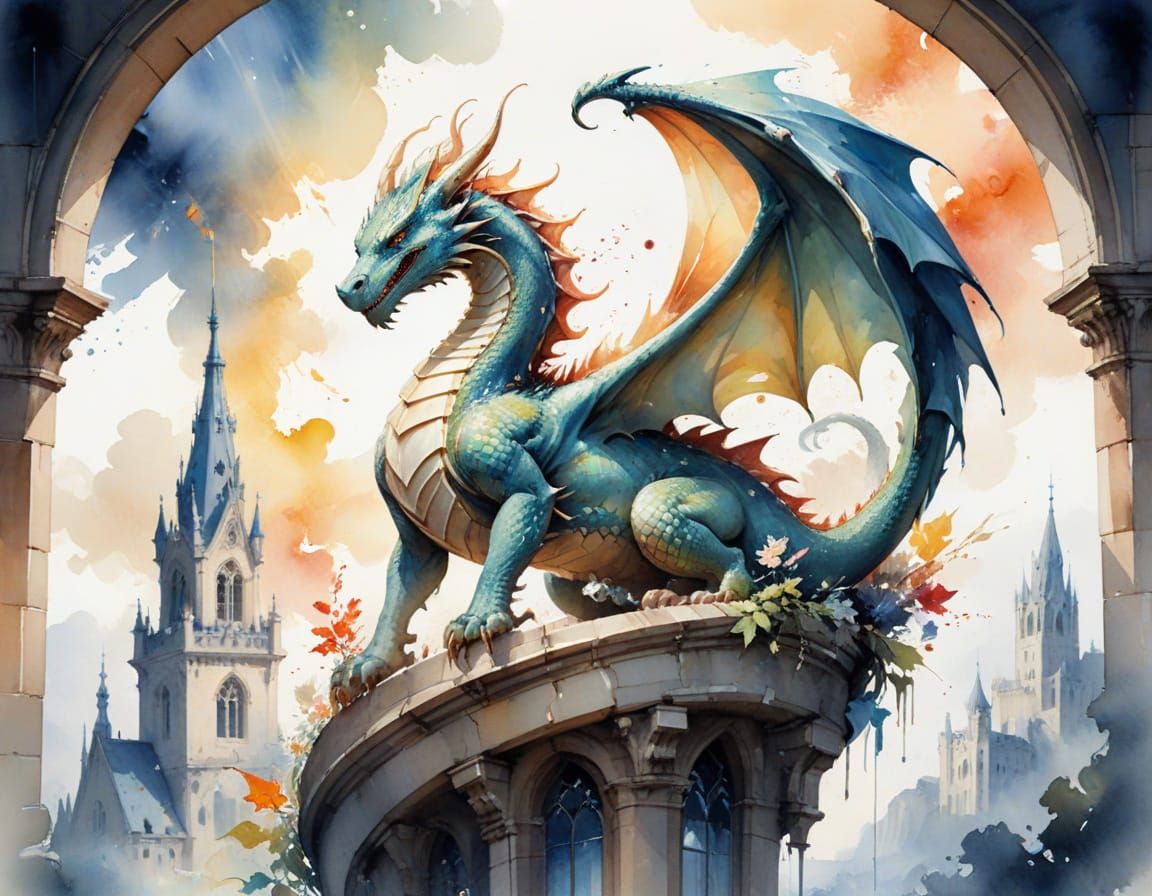 Dragon's Lullaby Tower in Watercolor Style