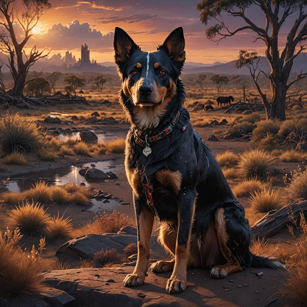 Aussie Cattle Dog at Sunset: Detailed Matte Painting