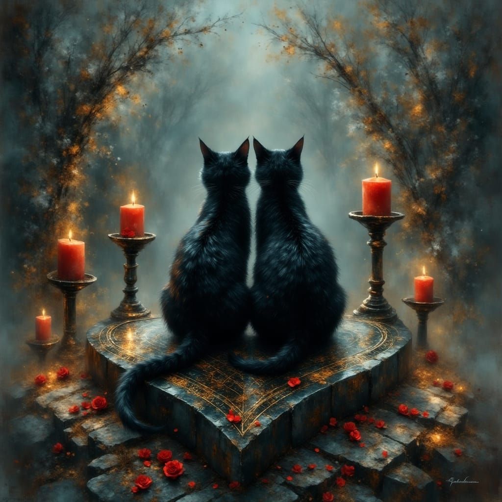 Mystical Black Cats on Heart Gravestone with Candles