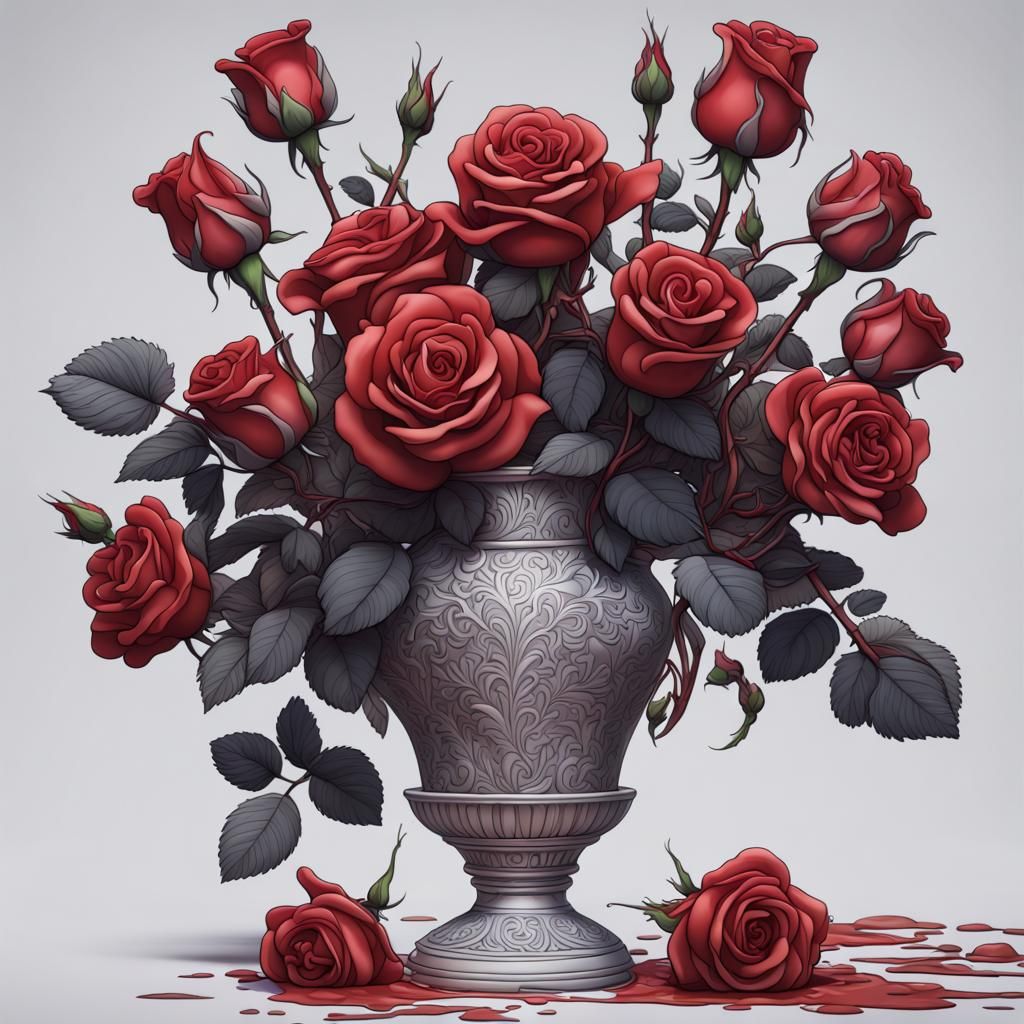 Detailed Line Art: Roses in a Vase