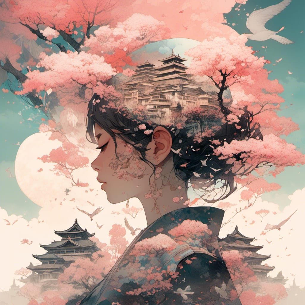 Double Exposure Cherry Blossom Fantasy Art