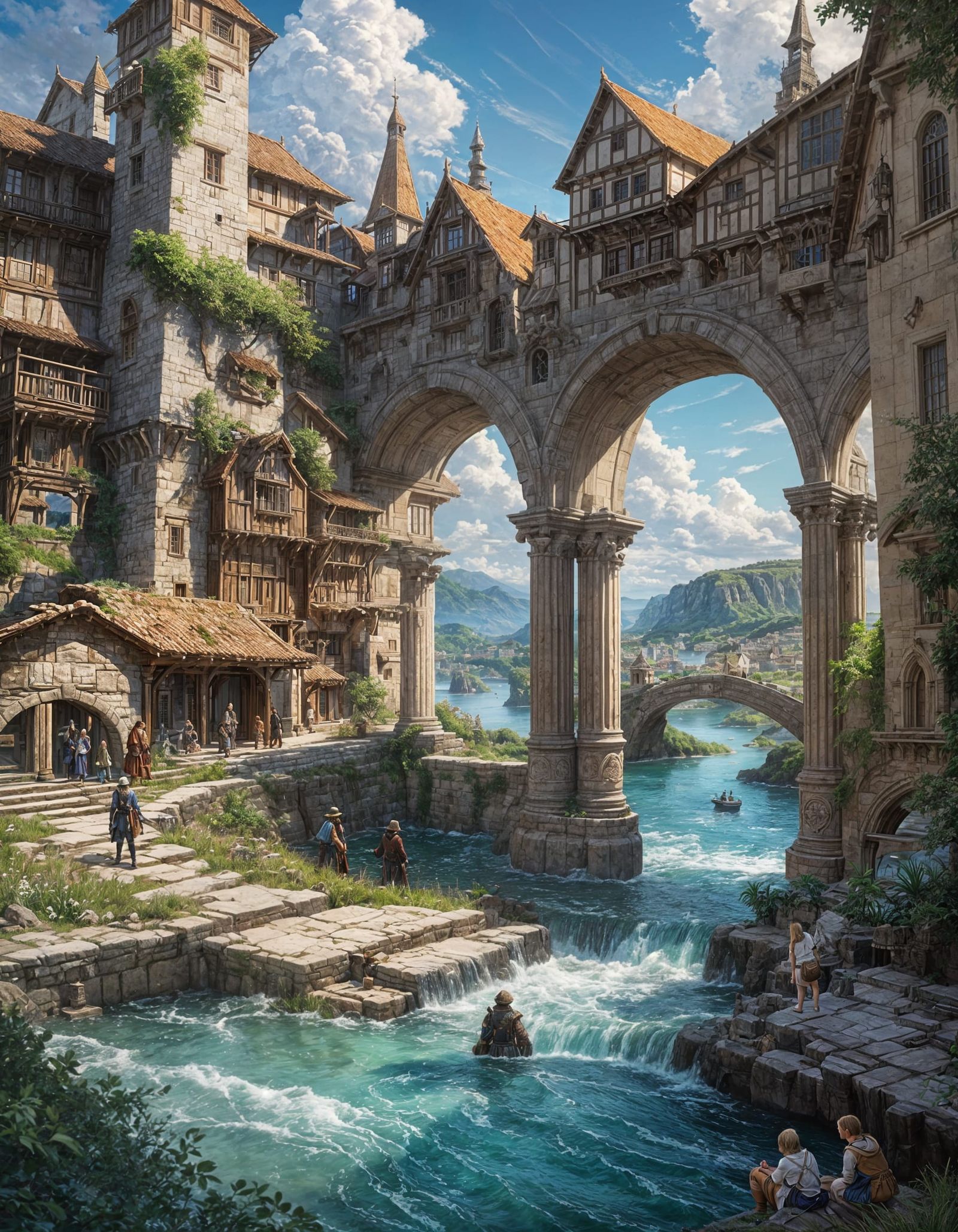 Painterly Fantasy City Above the Ocean