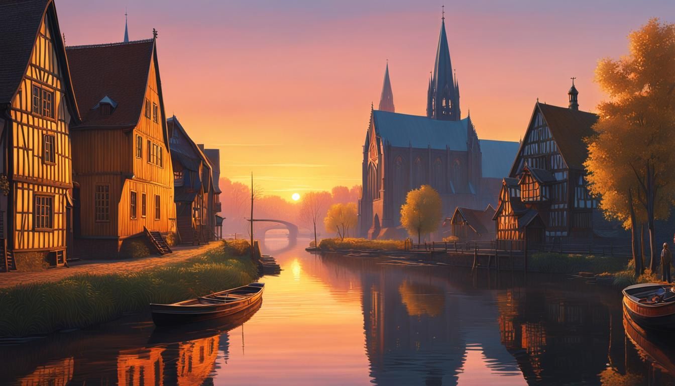 Gothic Sunrise Village in Hyper-Realistic Landscape