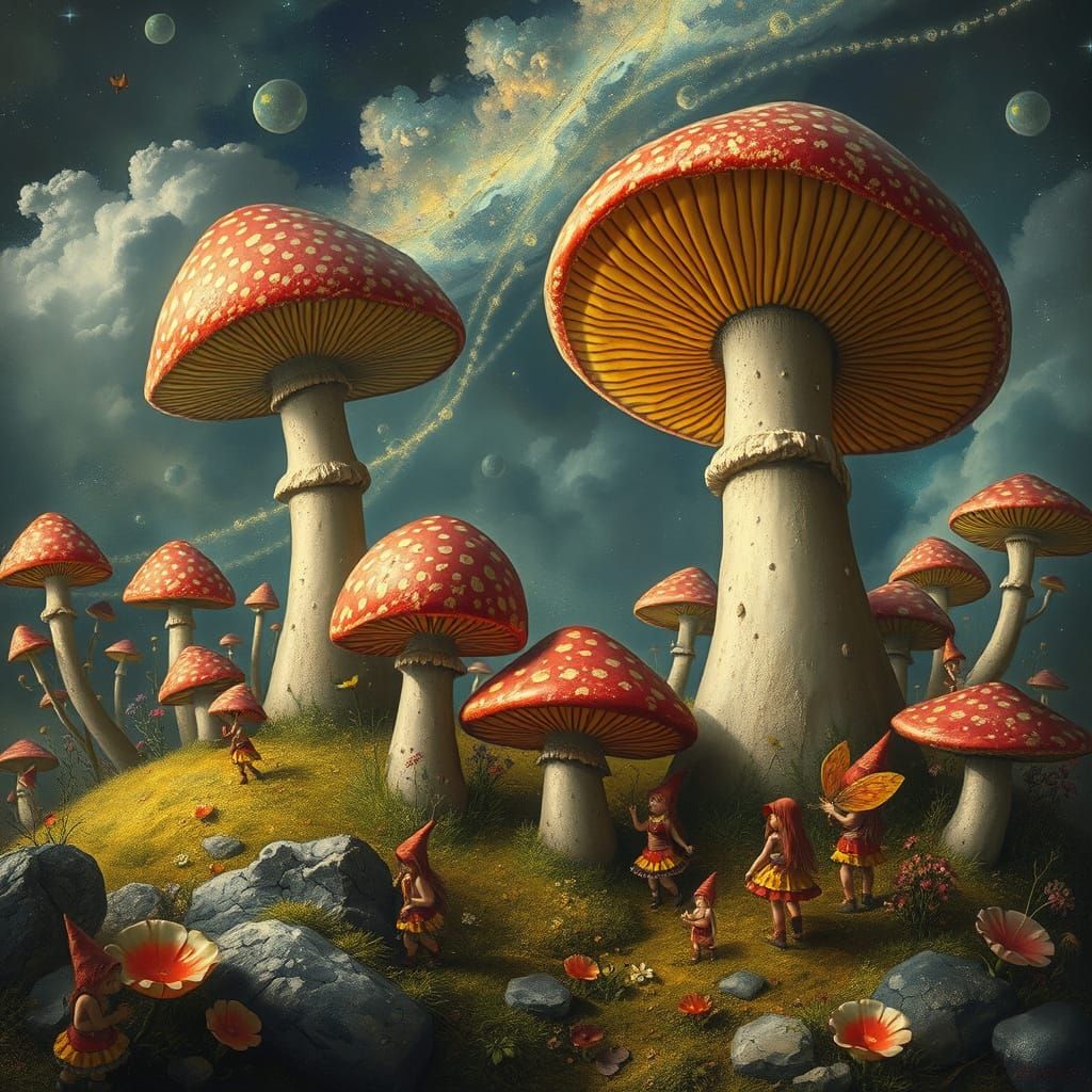 Whimsical Fairies in a Cosmic Mushroom Realm