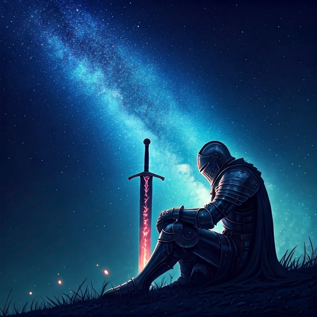 a stunning fantasy illustration features a lone knight clad ...