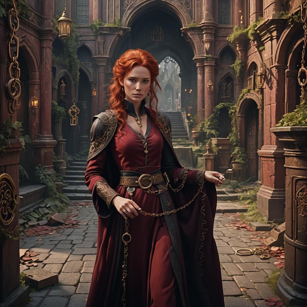 Red-Haired Woman with Keys: Fantasy Concept Art