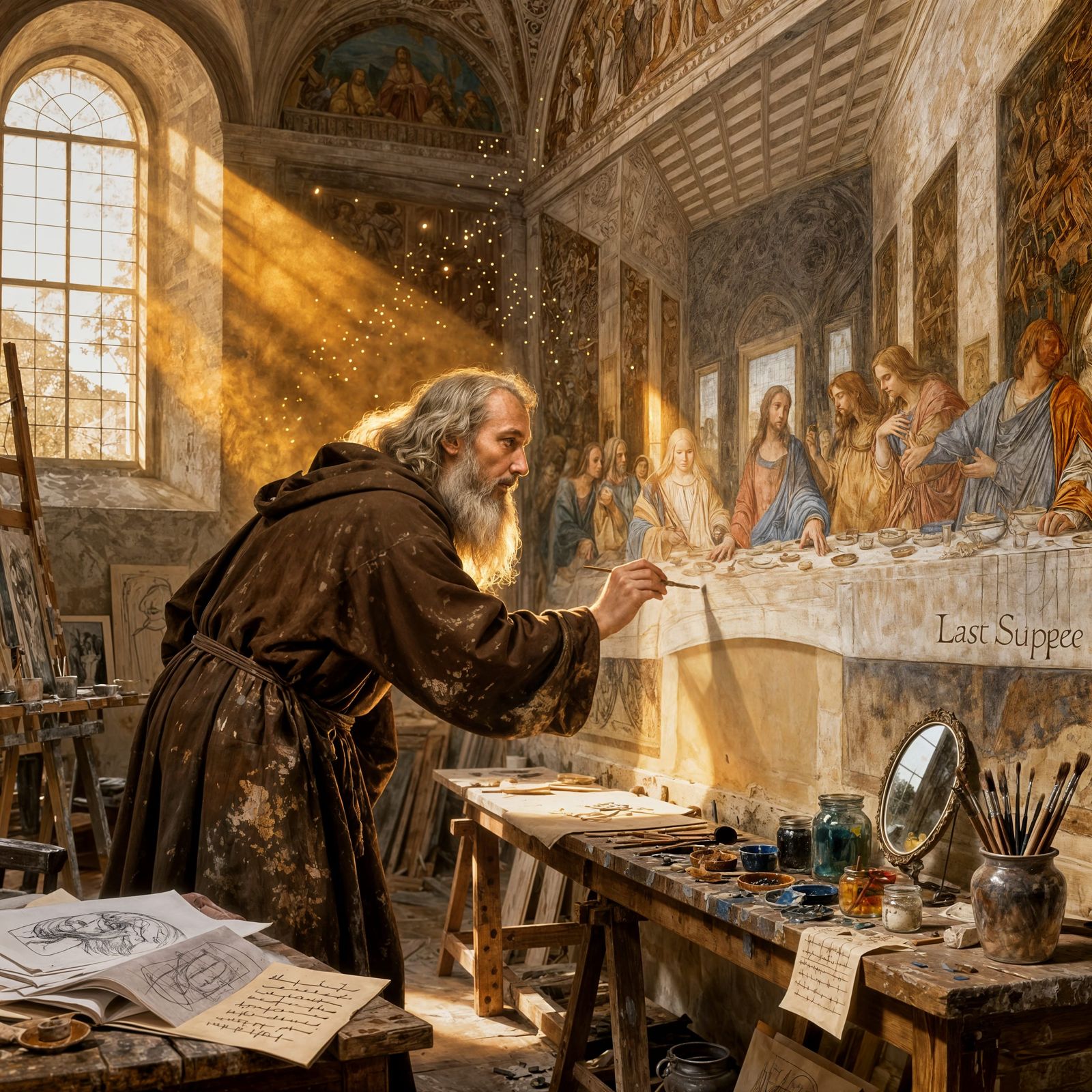 Leonardo da Vinci Painting The Last Supper in Renaissance St...