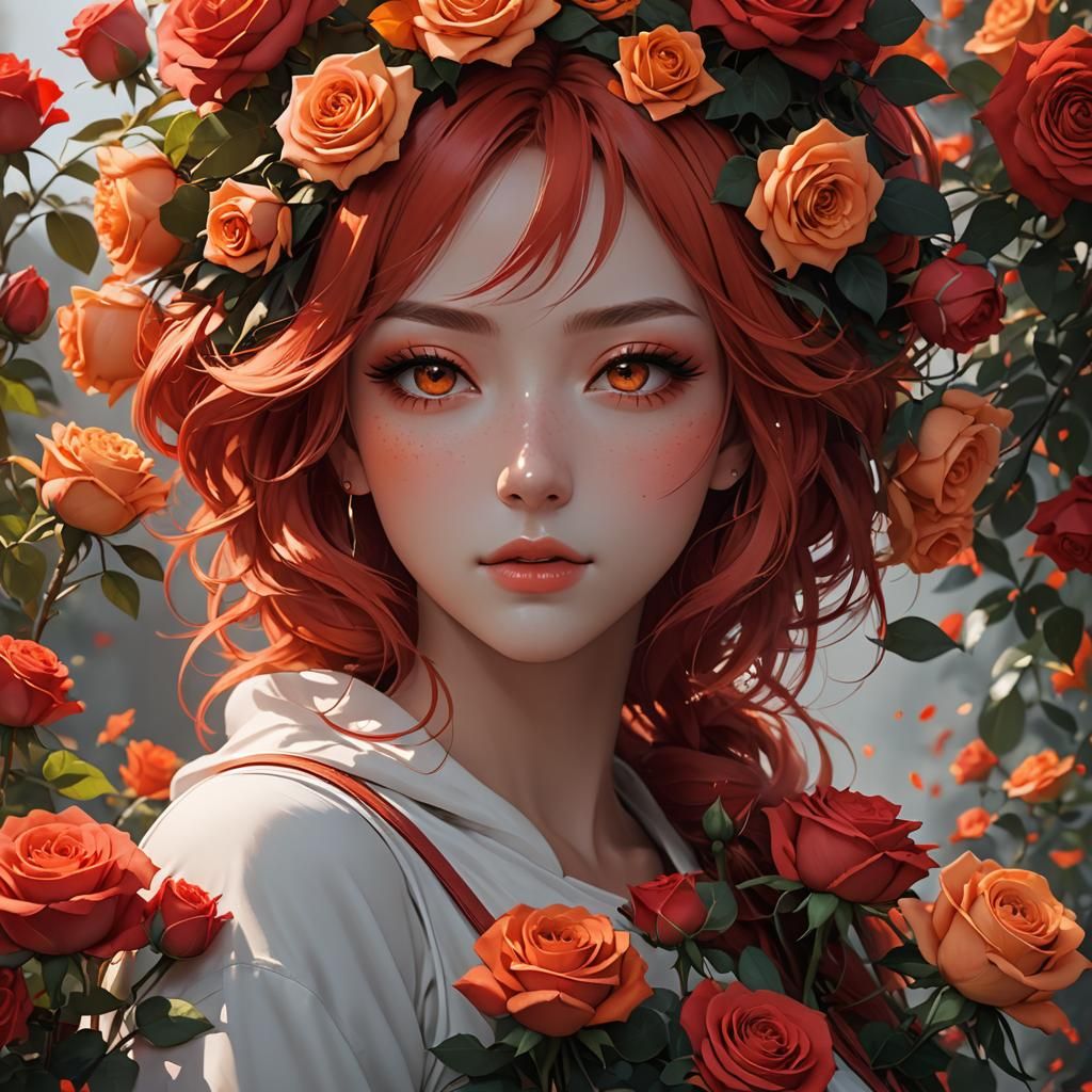 Anime Girl with Red and Orange Roses