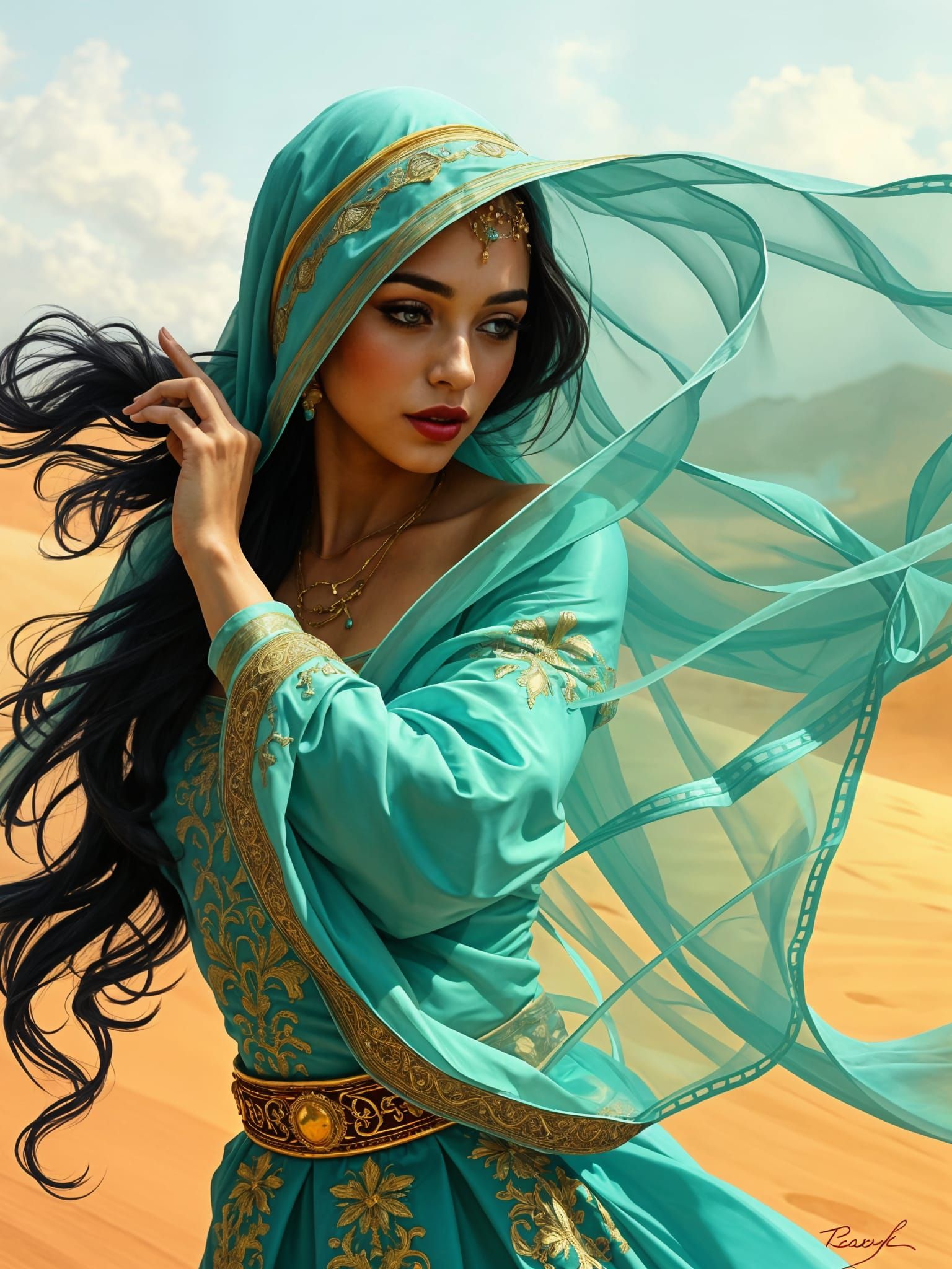 Arabian Beauty Dancing in the Desert: Digital Painting