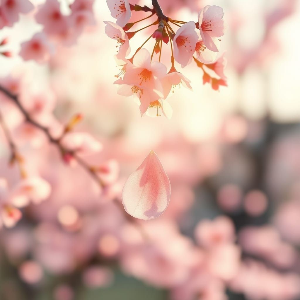 Transient Cherry Blossom Petal in Golden Hour Light