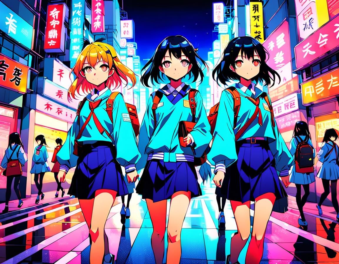 Anime school girls walking in city
