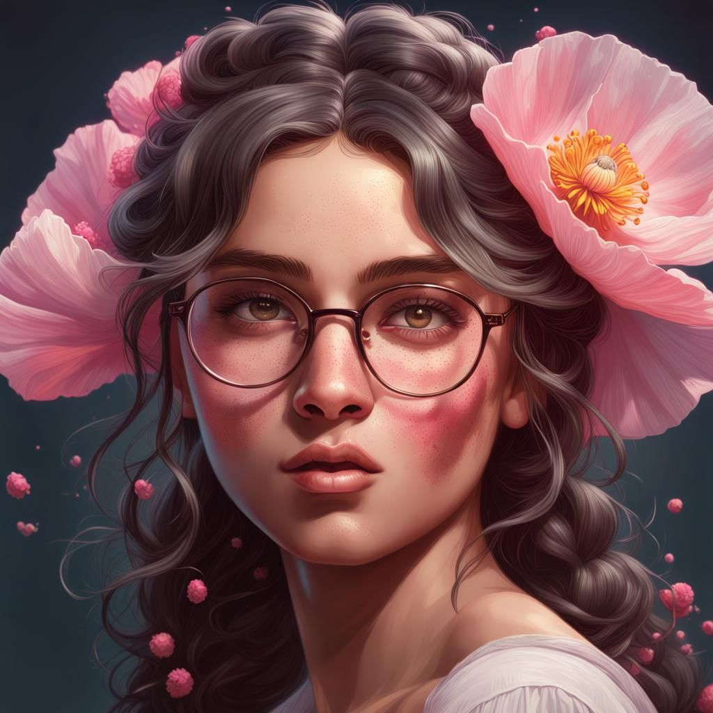 Latina Girl Portrait with Pink Poppies, Artstation Style