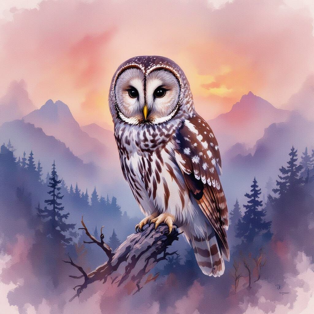Dreamy Blur Owl Portrait in Coral and Violet Mist