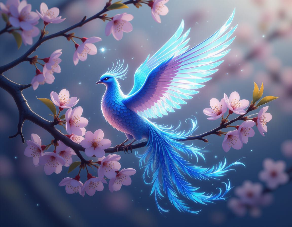 Luminescent Crystal Phoenix on Cherry Branch