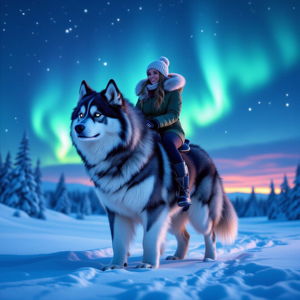 Giant Dog Walks Owner Under Northern Lights, Hyperrealistic ...