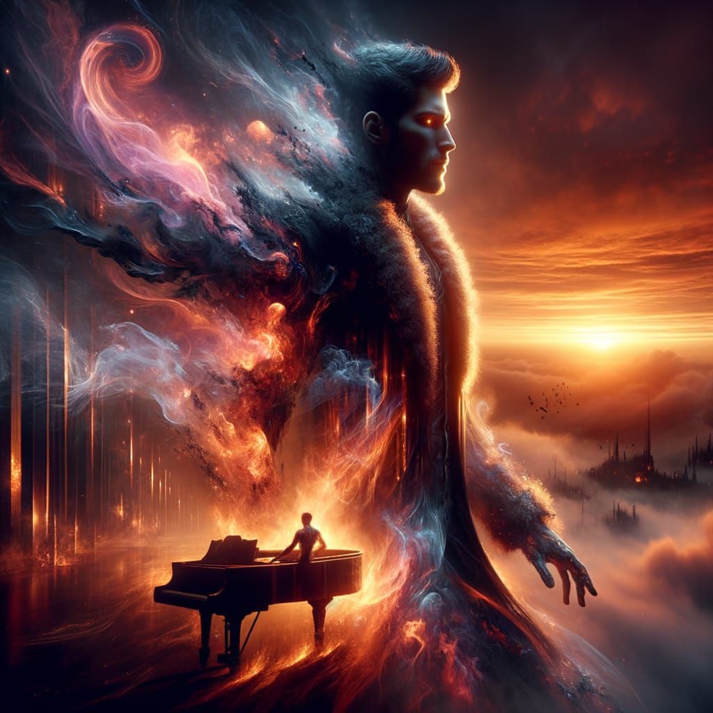 Hispanic Man Emerging from Shadows at Sunset, Playing Piano