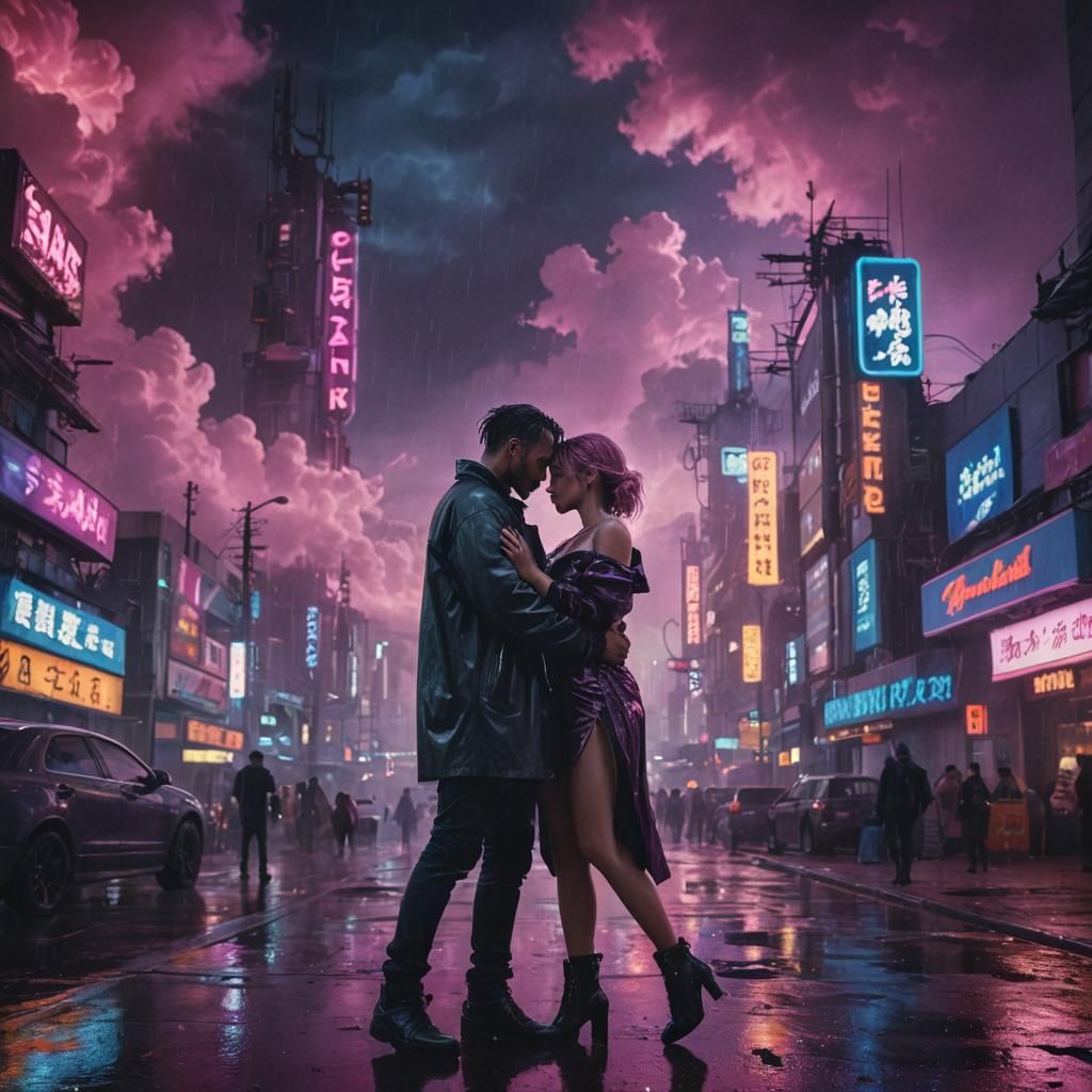 Romantic Embrace in Cyberpunk Neon Cityscape