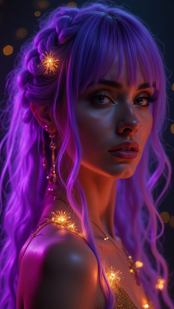 Woman Bathed in Violet Light, Fierce Confidence & Surreal Em...