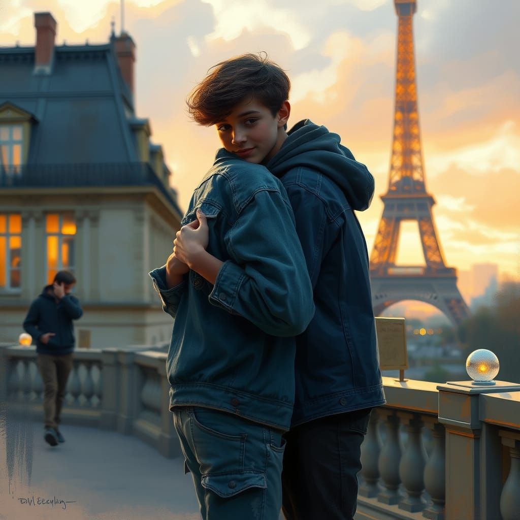 Teenager's Embrace in Paris: Expressive Brushstrokes