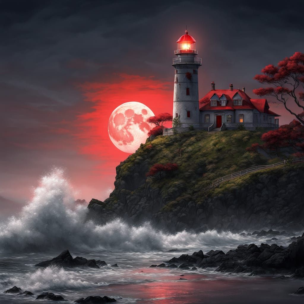 Vibrant Oil Painting of Red Moon Over Coastal Lighthouse
