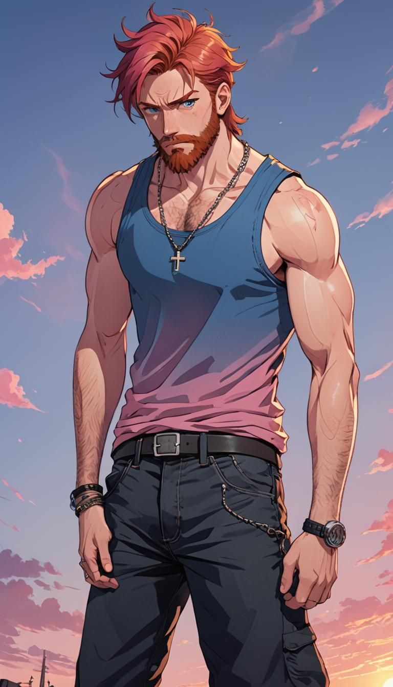 Anime Man with Red Hair and Cross Necklace