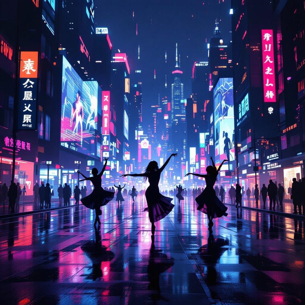 Futuristic Dance Cityscape with Neon Lights