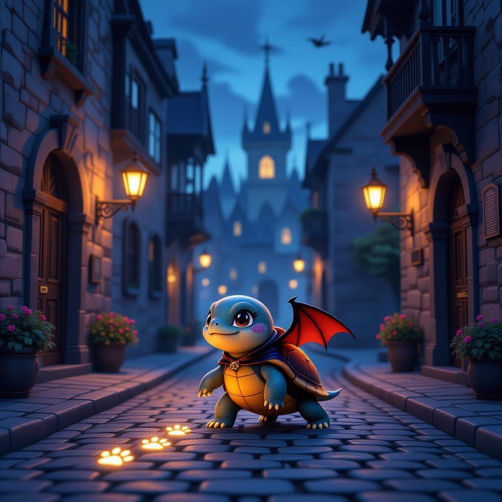 Gothic Cityscape with Adorable Bat-Turtle