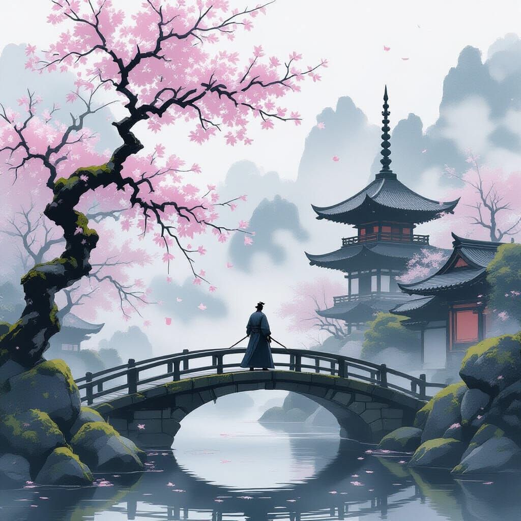 Ancient Samurai on Foggy Bridge, Japanese Ink Wash Style