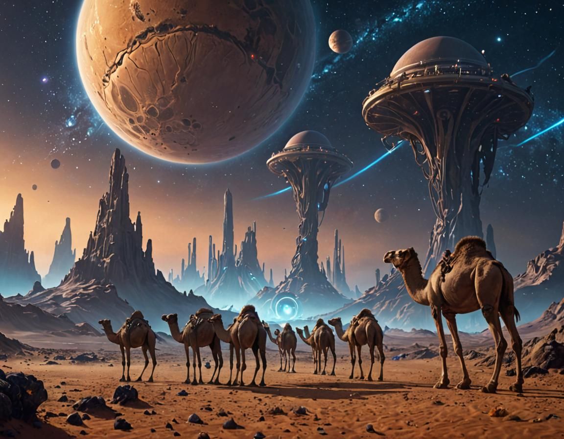 Alien Desert Caravan Under Ringed Planet